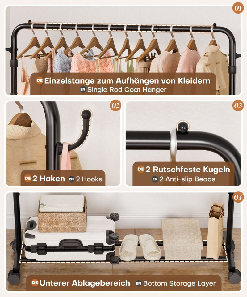 Yorbay höhenverstellbarer Kleiderständer aus Metall mit Rollen, Haken und Ablage - YB087-T096 - 4 - Yorbay.de