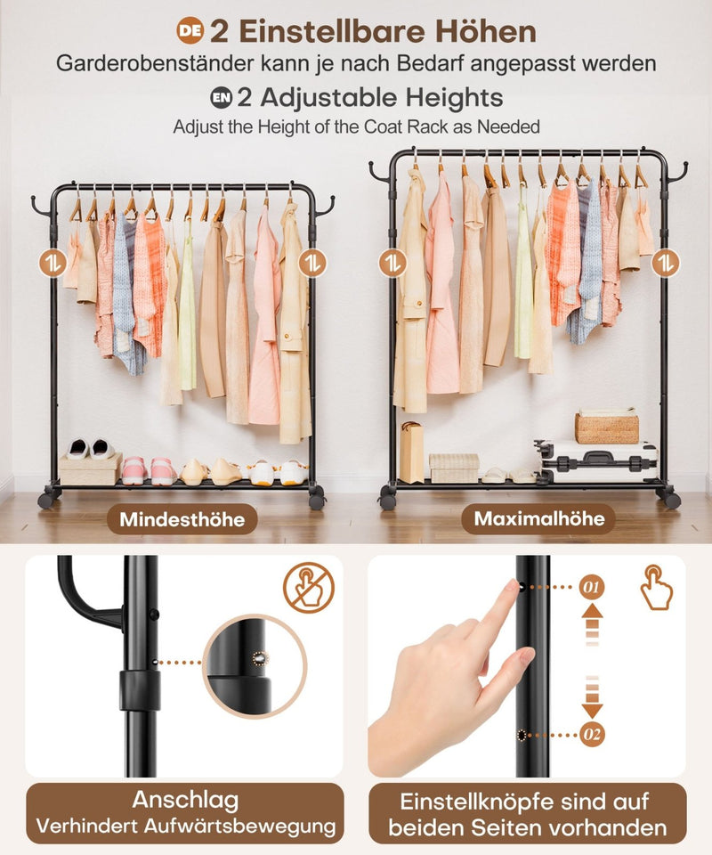 Yorbay höhenverstellbarer Kleiderständer aus Metall mit Rollen, Haken und Ablage - YB087-T096 - 6 - Yorbay.de