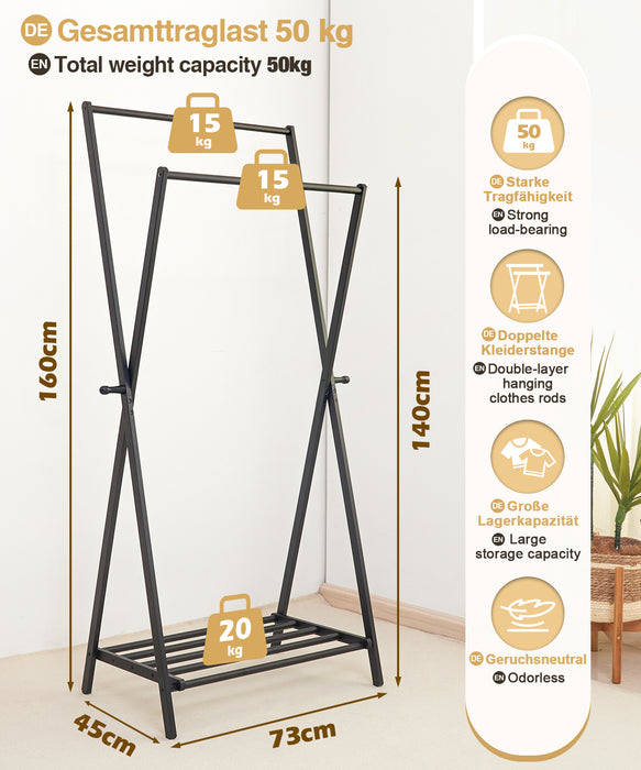 Yorbay Folding Bamboo Coat Rack, Double Rod with Shelf