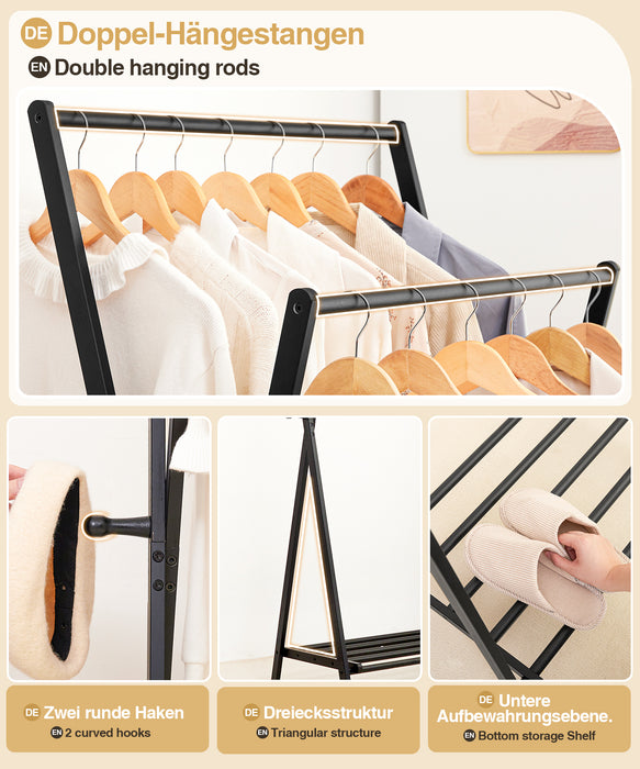 Yorbay Folding Bamboo Coat Rack, Double Rod with Shelf