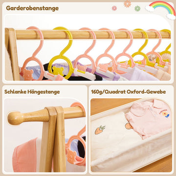 Yorbay Kinder Bambus Kleiderständer Mit 2 Aufbewahrungskörben Und 2 Verstellbaren Hängestangen, Kinder Garderobenständer Für Kostüme Im Kinderzimmer Mit Regal, Anziehständer Für Spielzimmer(Rosa
