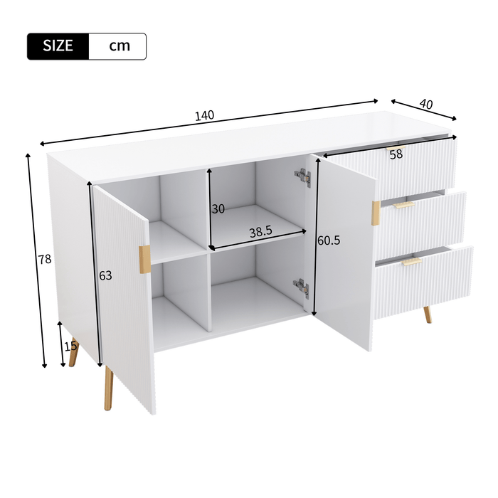 Sideboard in Weiß mit 7 Fächern und vergoldeten Beinen, 140 x 40 x 78 cm - YB - 5320089AAW - 2 - Yorbay.de