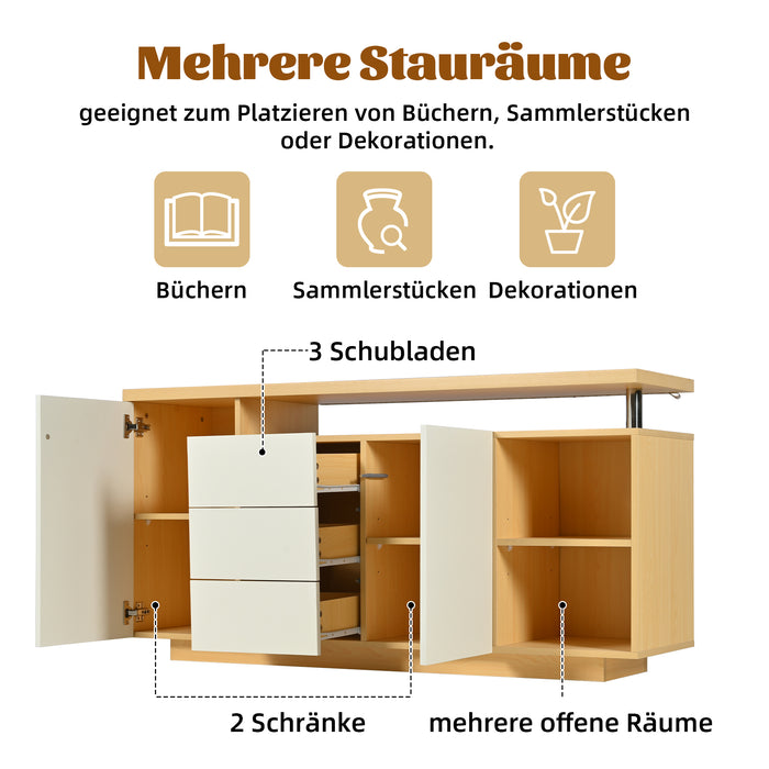 Multifunktionales Sideboard mit LED-Beleuchtung, Weiß & Holzimitat, 140 cm