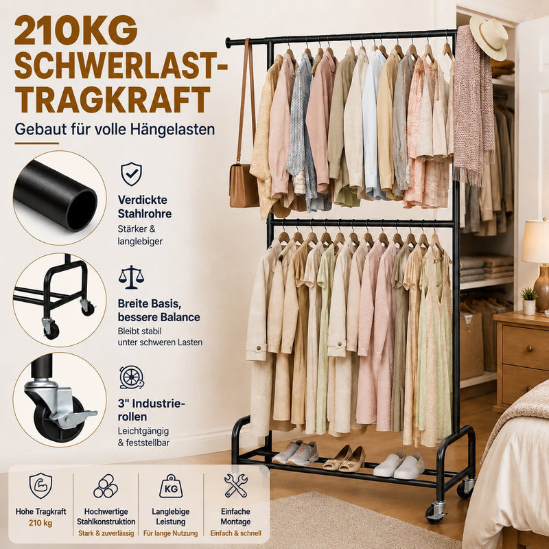 Yorbay Metall Kleiderständer mit Rollen Doppelstange, 210 kg Tragkraft - YS036-T123 - 4 - Yorbay.de