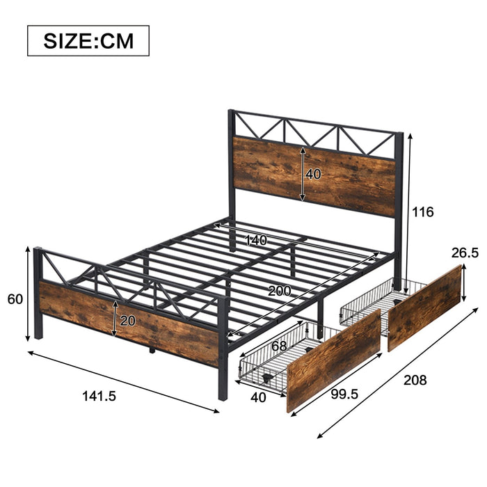 Metallbett mit 2 Unterbettschubladen, 90x200cm, 140x200 cm - YB - N622D101516S - 3 - Yorbay.de