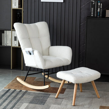 Modern teddy velvet rocking chair with high back and wooden frame