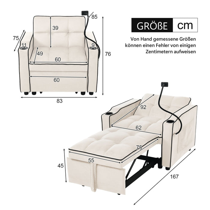 3 - in - 1 Schlafsofa, Einzel - Sessel, Liegestuhl und ausziehbares Bett mit Getränke - und Handyhalter - YB - WF228352353B - 3 - Yorbay.de