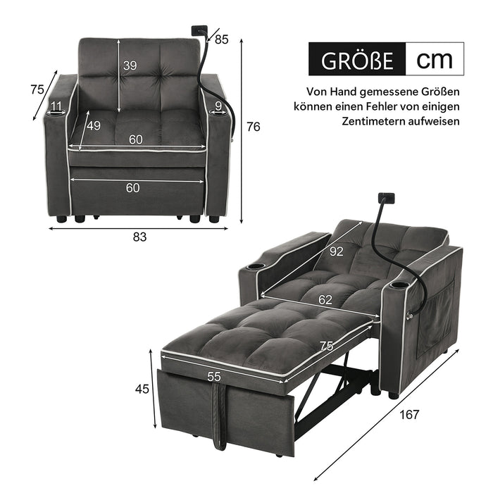 3 - in - 1 Schlafsofa, Einzel - Sessel, Liegestuhl und ausziehbares Bett mit Getränke - und Handyhalter - YB - WF228352353D - 11 - Yorbay.de