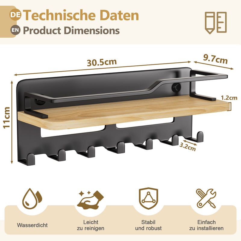 Yorbay Schlüsselbrett mit 7 Haken und Holzablage - YB079 - T066 - 3 - Yorbay.de