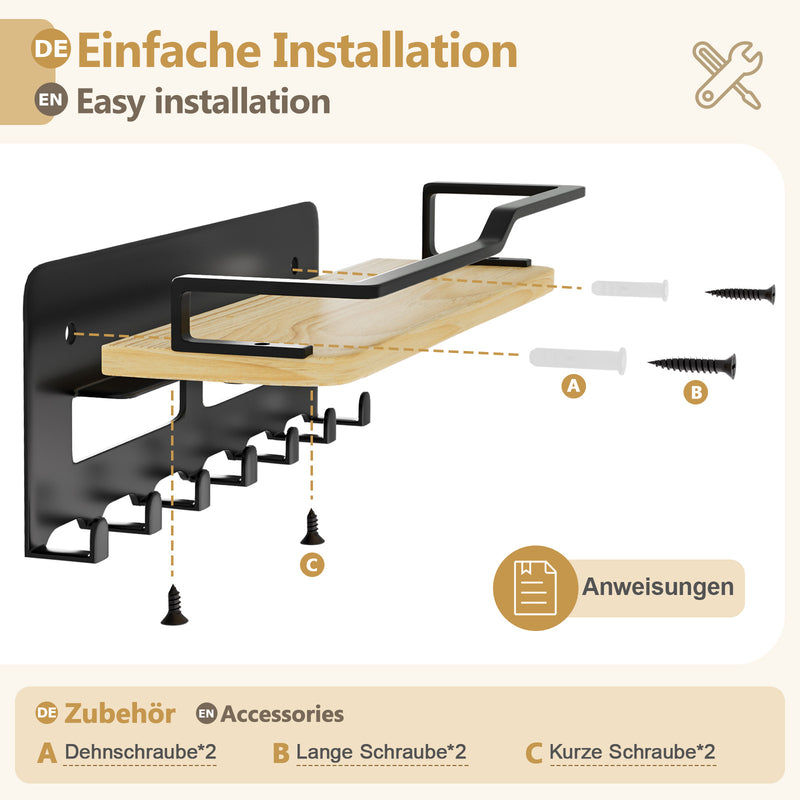 Yorbay Schlüsselbrett mit 7 Haken und Holzablage - YB079 - T066 - 6 - Yorbay.de