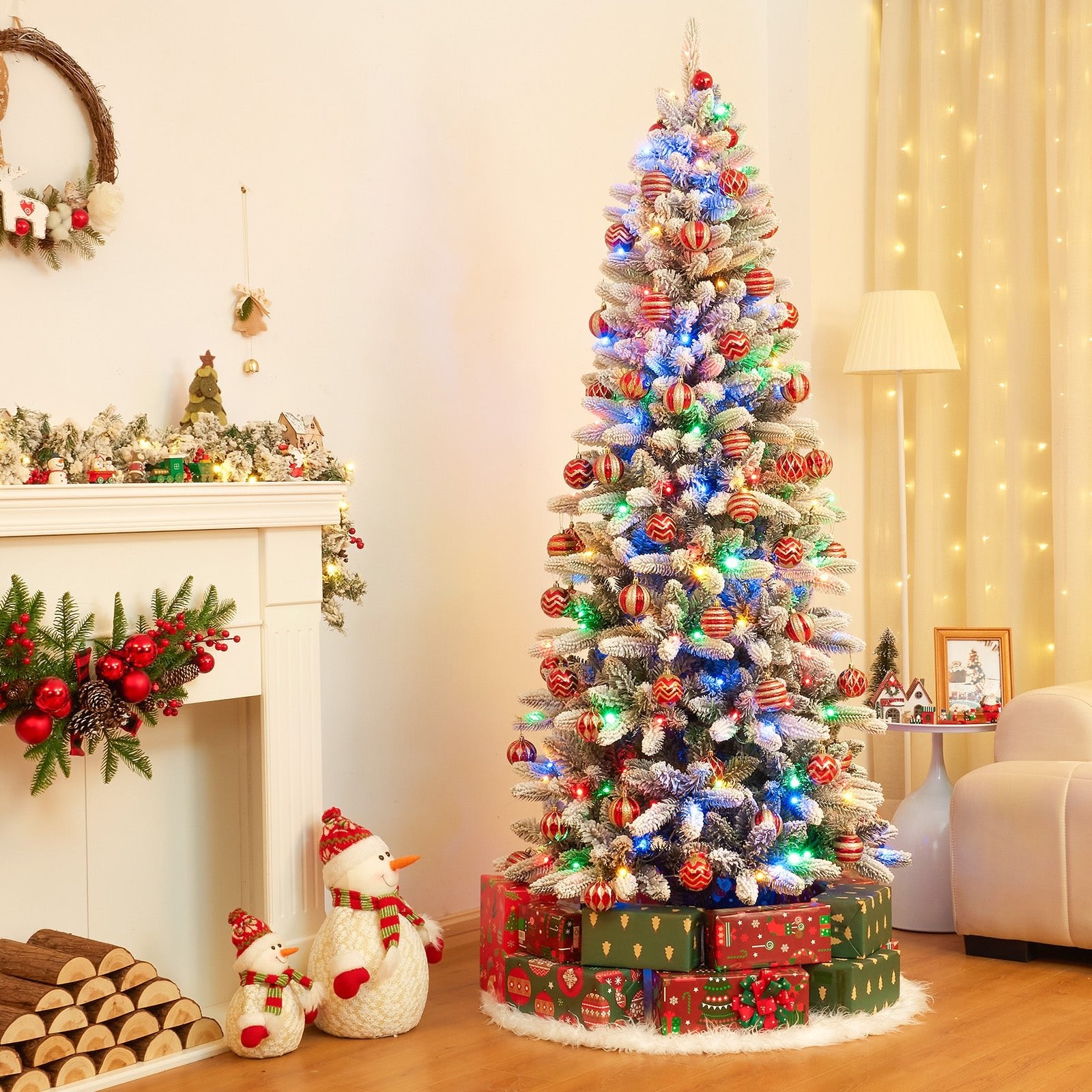 Slim artificial Christmas tree with lights and snow, 180 cm / 210