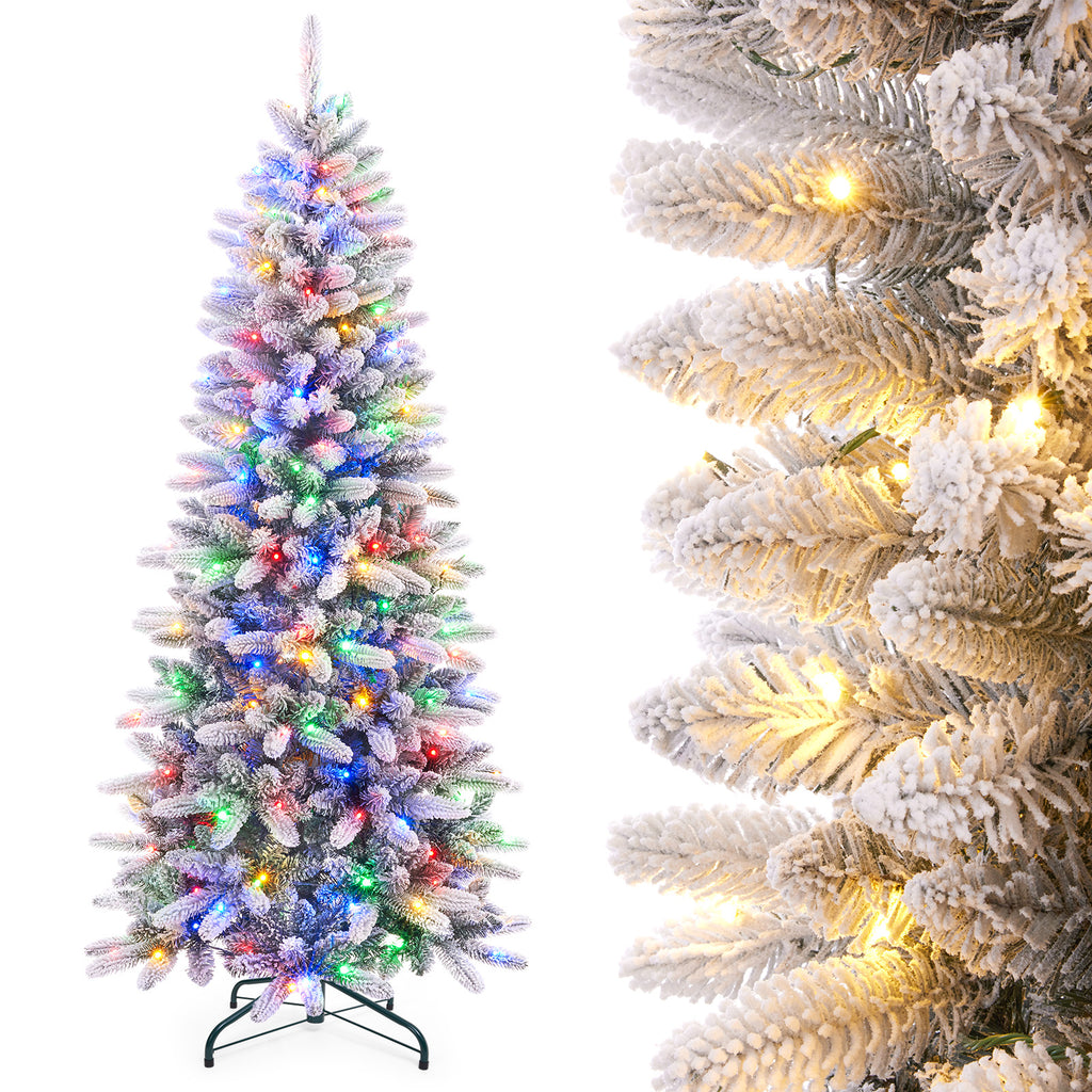Slim artificial Christmas tree with lights and snow, 180 cm / 210