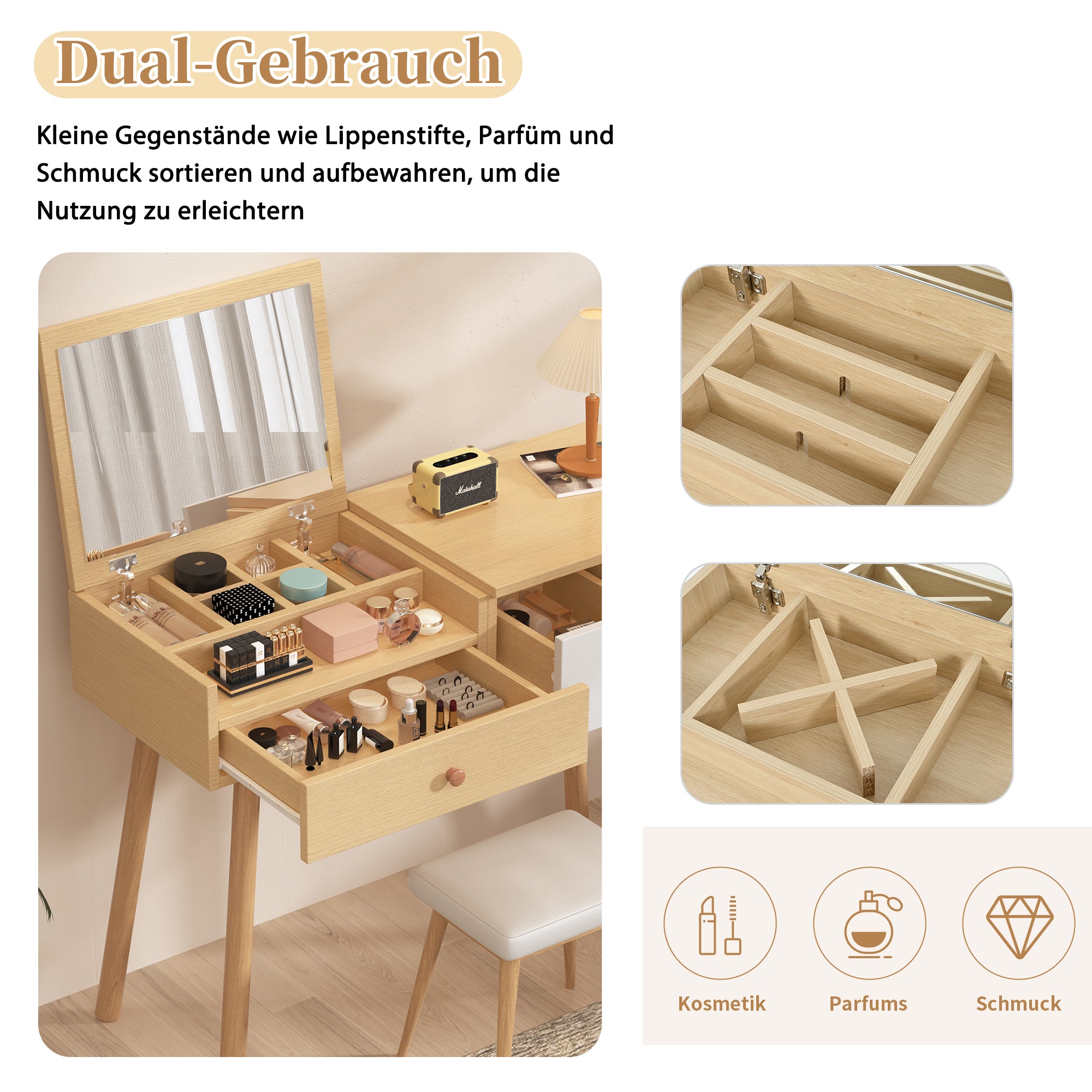 Schreibtisch-Make-up-Spiegel Aus Massivholz – 7,5 X 13,5 Cm, 360° Drehbar | Für Schminktisch & Wohnzimmer
