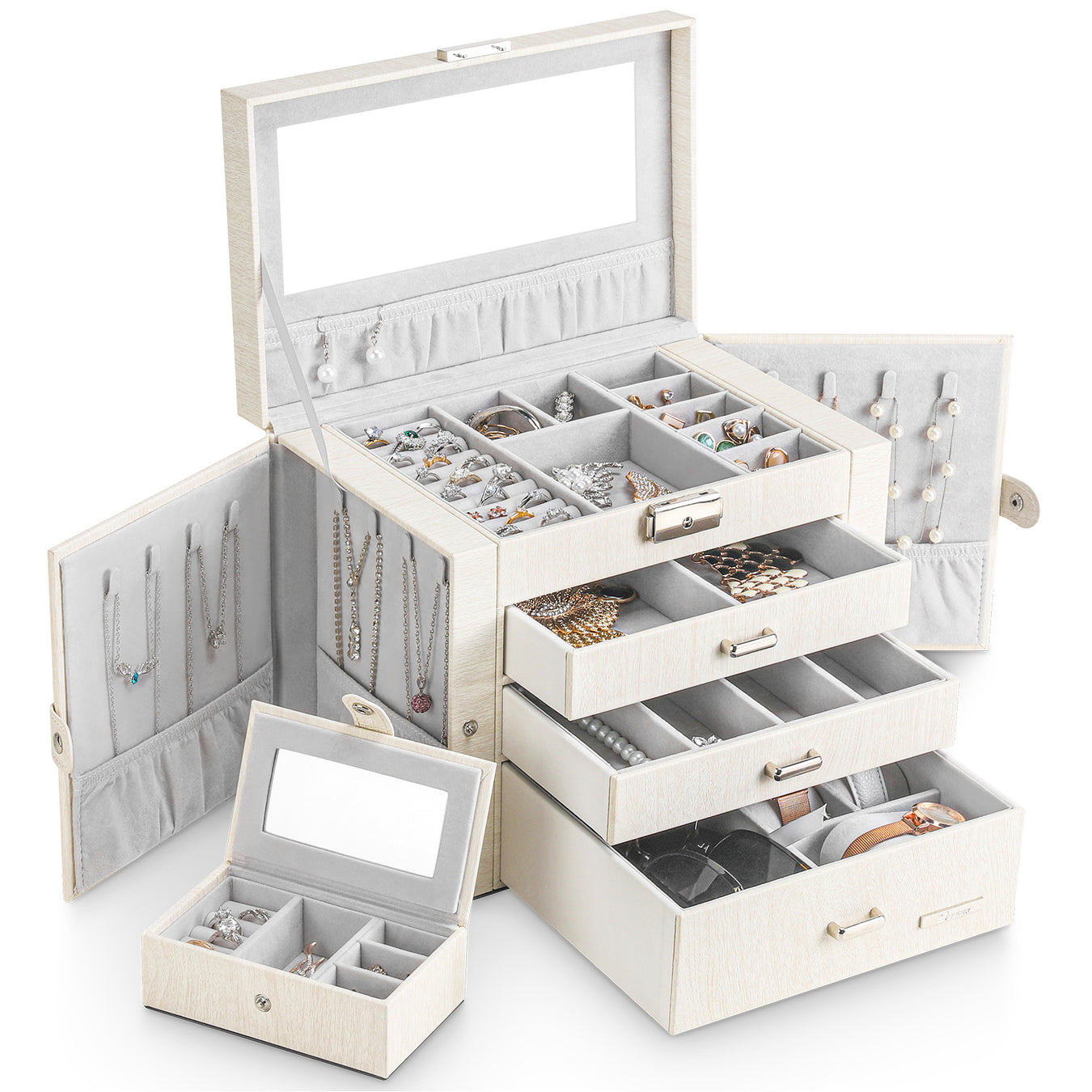 Yorbay Schmuckkästchen aus Kunstleder mit 3 Schubladen und Mini-Box - B31 - 1 - Yorbay.de