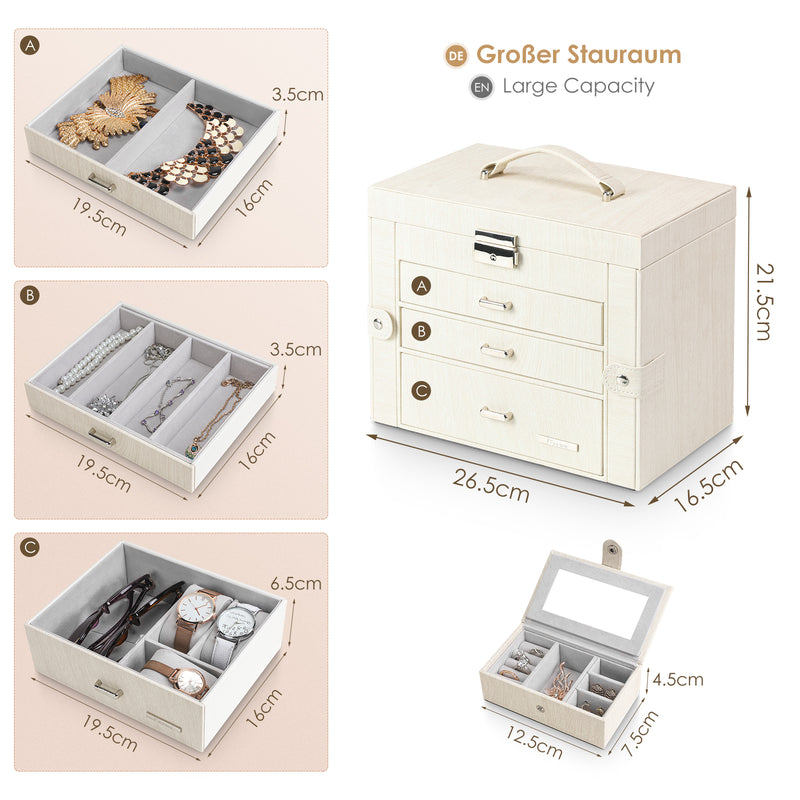 Yorbay Schmuckkästchen aus Kunstleder mit 3 Schubladen und Mini-Box - B31 - 2 - Yorbay.de