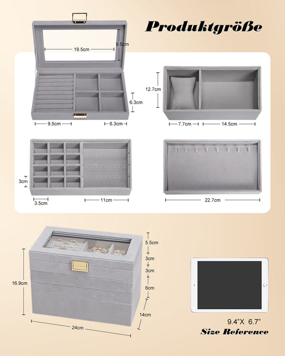 Yorbay jewelry box with glass lid, 4 levels