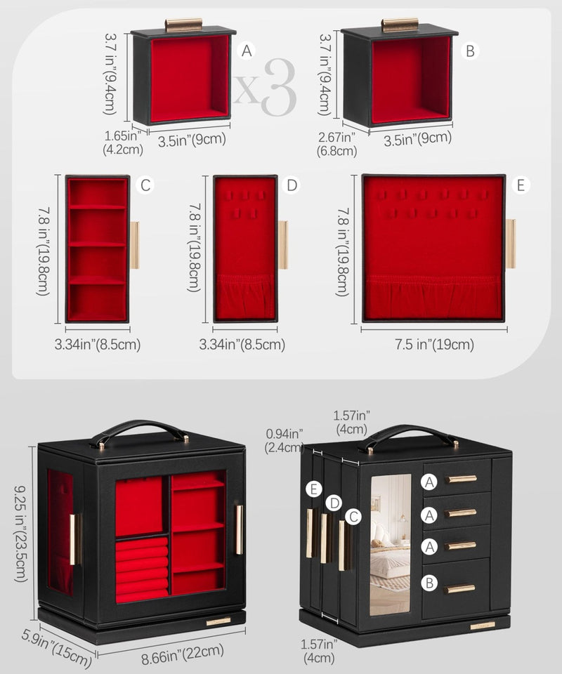 Yorbay Schmuckkästchen mit 360° Drehung, Klarem Schaufenster und 9 Schubladen - SL008-C150 - 29 - Yorbay.de