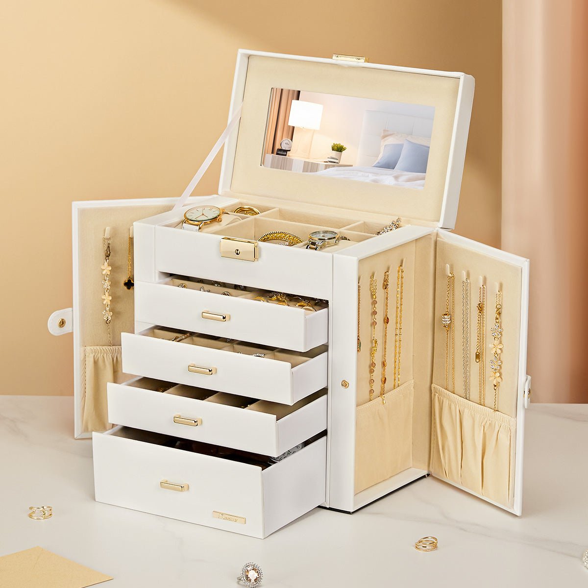 Lockable jewelry box with mirror, handle and lock — Yorbay.de