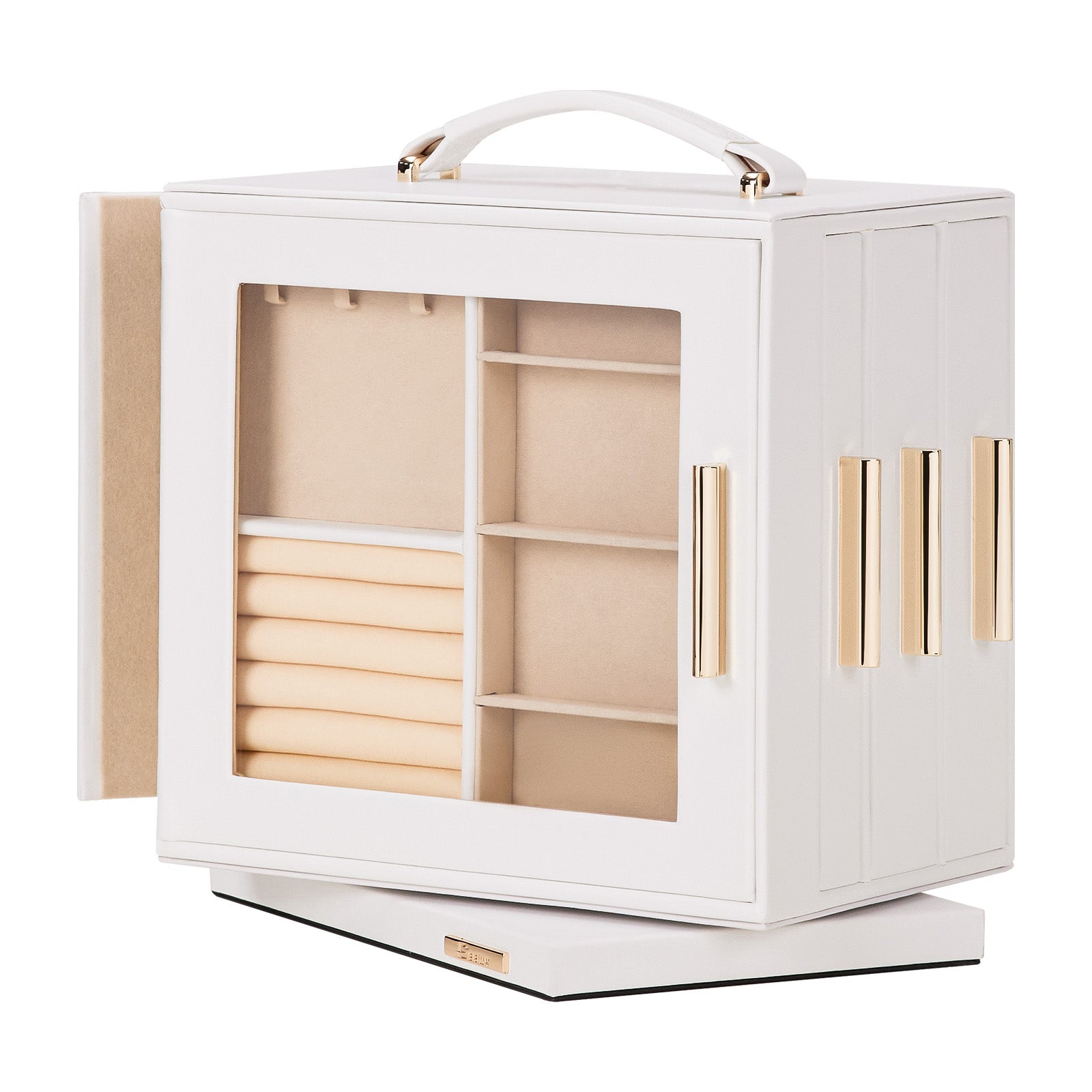 Round jewelry case made of imitation leather with handle and lock
