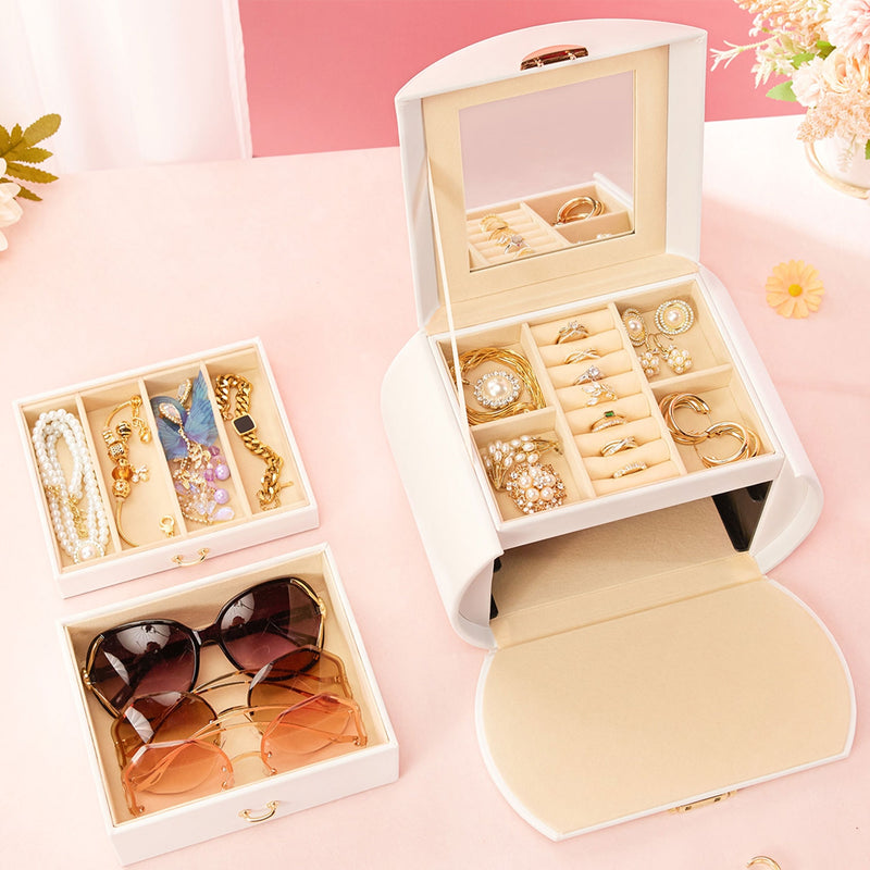 Yorbay Runder Schmuckkoffer aus Kunstleder mit Handgriff Weiß - SL003-C064 - 4 - Yorbay.de