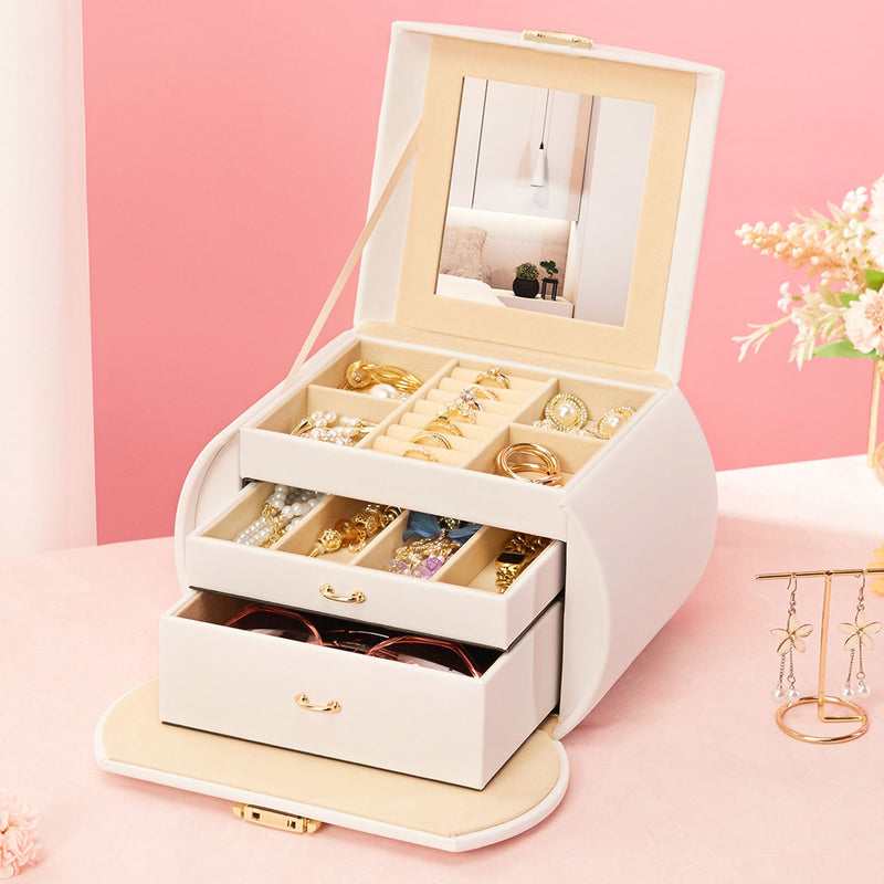 Yorbay Runder Schmuckkoffer aus Kunstleder mit Handgriff Weiß - SL003-C064 - 3 - Yorbay.de