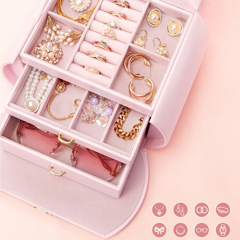 Yorbay Runder Schmuckkoffer aus Kunstleder mit Handgriff Pink - SL003-C063 - 12 - Yorbay.de