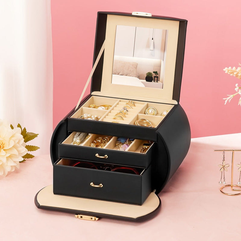 Yorbay Runder Schmuckkoffer aus Kunstleder mit Handgriff Schwarz - SL003-C065 - 16 - Yorbay.de