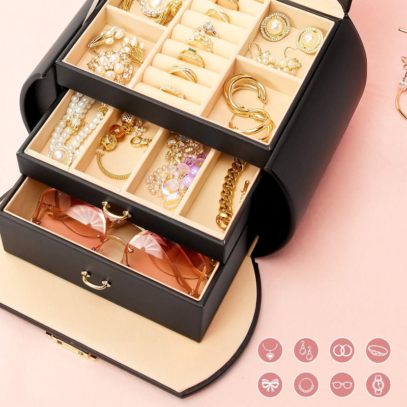 Yorbay Runder Schmuckkoffer aus Kunstleder mit Handgriff Schwarz - SL003-C065 - 19 - Yorbay.de