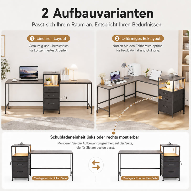 Yorbay Schreibtisch für 2 Personen mit LED-Beleuchtung, Steckdosen & Schubladen