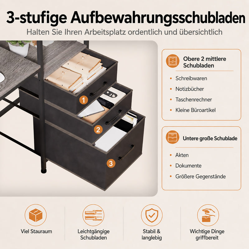 Yorbay Schreibtisch für 2 Personen mit LED-Beleuchtung, Steckdosen & Schubladen
