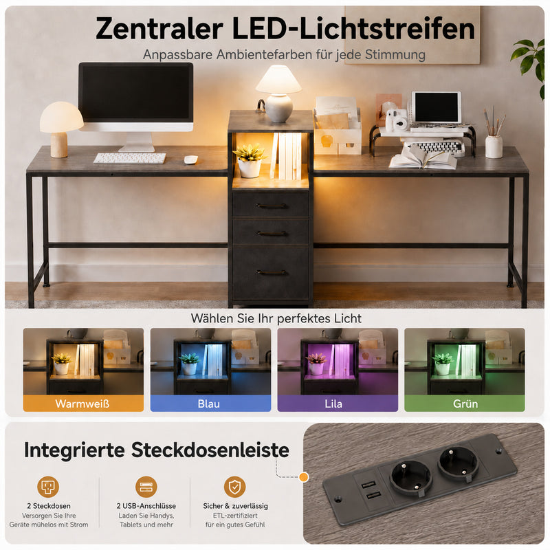 Yorbay Schreibtisch für 2 Personen mit LED-Beleuchtung, Steckdosen & Schubladen