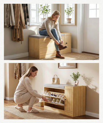 Schuhbank mit Sitzkissen und Stauraum für 6 Paar Schuhe —