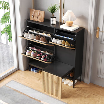 Schuhschrank mit Sitzbank und 3 Klappen, Schwarz, Platz für 16 Schuhe —