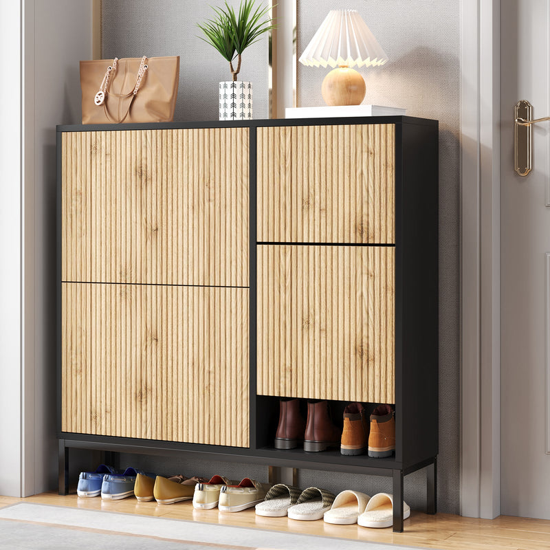 Schuhschrank mit Schuhwechselhocker und 3 Klappen, 100 x 100 x 25 cm - YB - WF230456458S - 2 - Yorbay.de