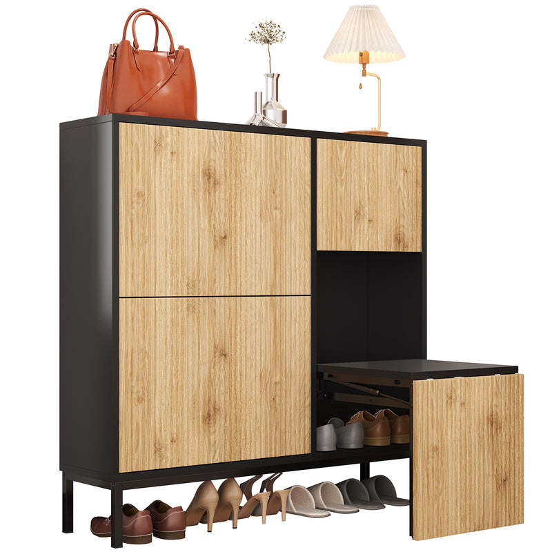 Schuhschrank mit Schuhwechselhocker und 3 Klappen, 100 x 100 x 25 cm - YB - WF230456458S - 1 - Yorbay.de
