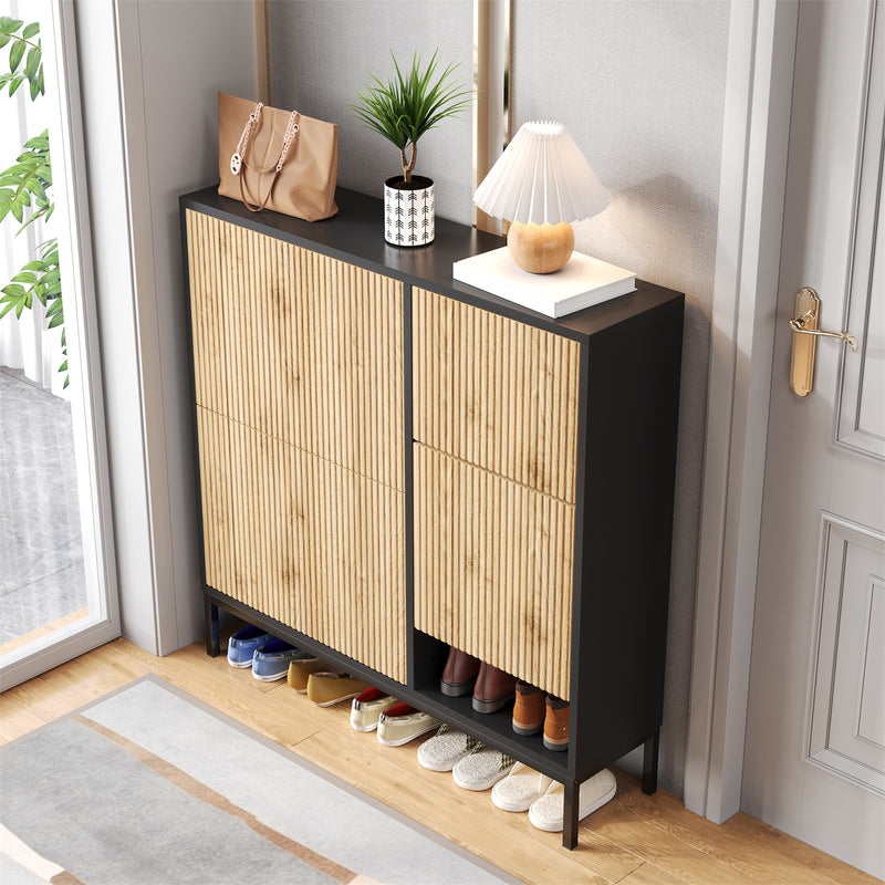 Schuhschrank mit Schuhwechselhocker und 3 Klappen, 100 x 100 x 25 cm - YB - WF230456458S - 9 - Yorbay.de