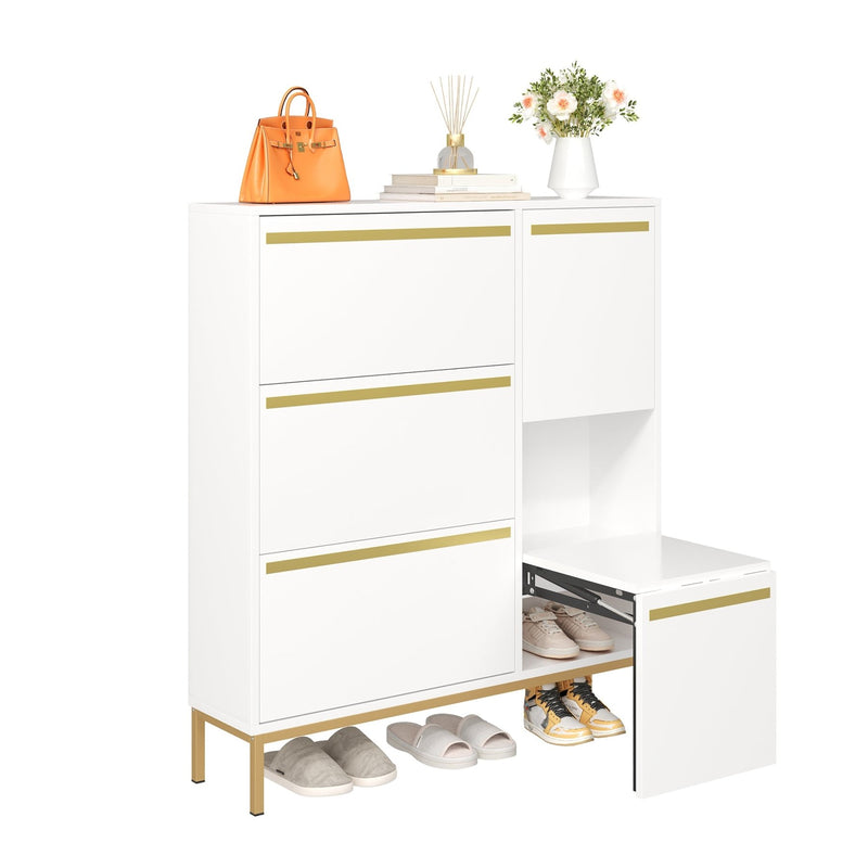 Schuhschrank mit Schuhwechselhocker und 3 Klappen, 105 x 115,5 x 25 cm - YB - WF230459460W - 1 - Yorbay.de