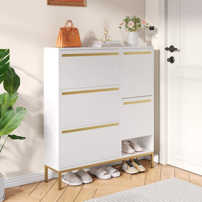 Schuhschrank mit Schuhwechselhocker und 3 Klappen, 105 x 115,5 x 25 cm - YB - WF230459460W - 2 - Yorbay.de