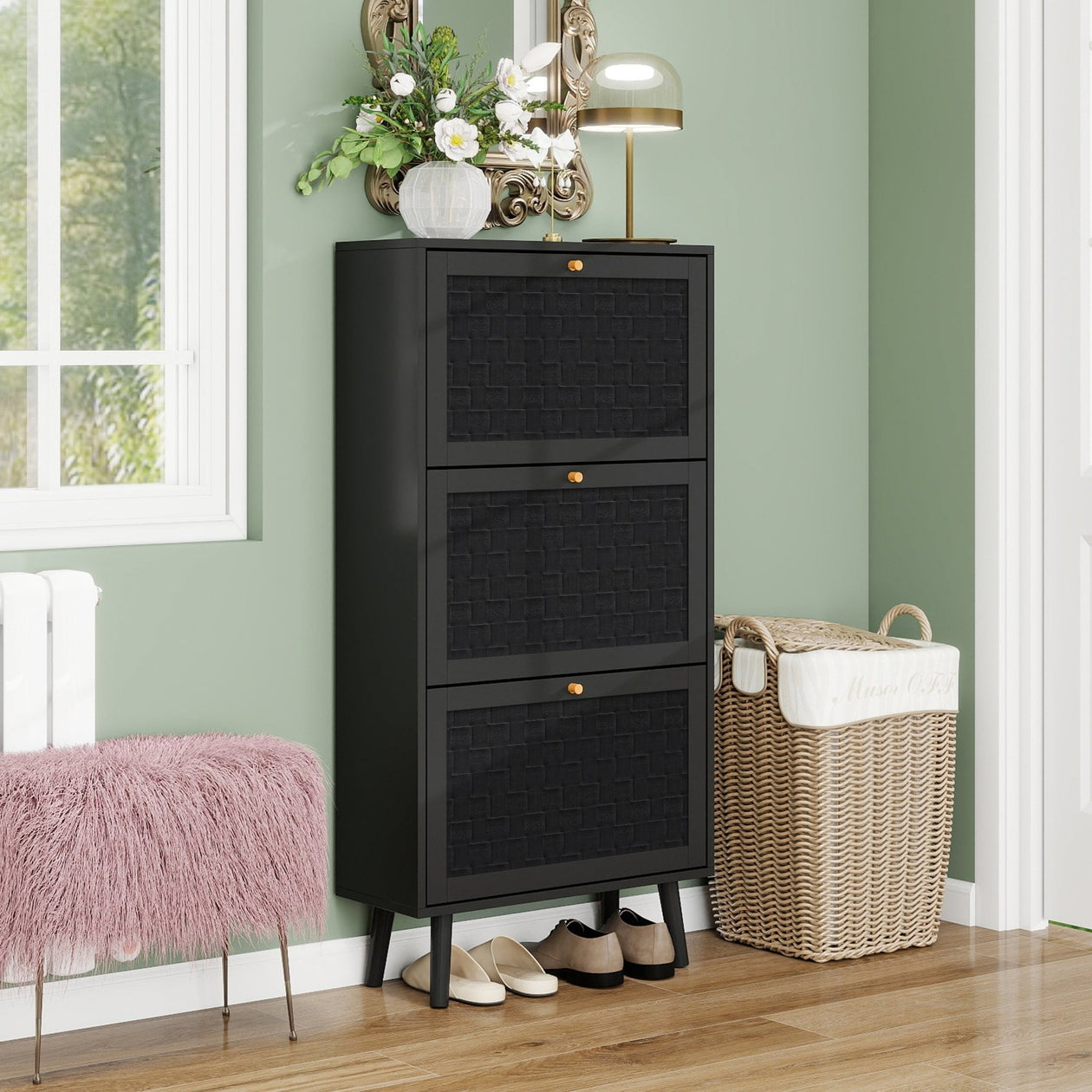 Schuhschrank mit 3 Ebenen & Streifendesign, 60 x 24 x 121 cm - YB - W1441P269073 - 11 - Yorbay.de