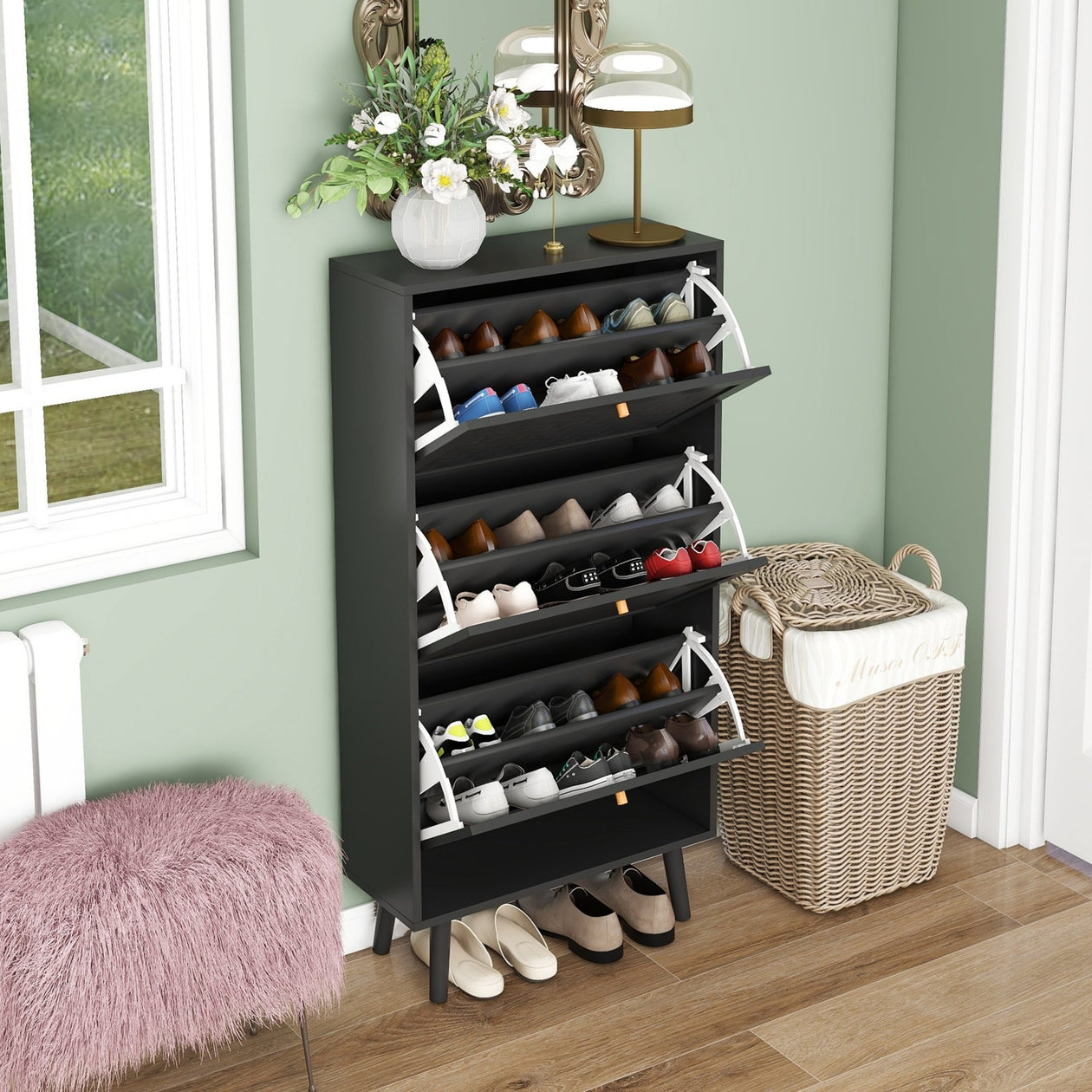 Schuhschrank mit 3 Ebenen & Streifendesign, 60 x 24 x 121 cm - YB - W1441P269073 - 14 - Yorbay.de