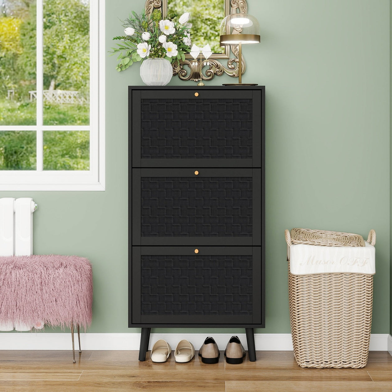 Schuhschrank mit 3 Ebenen & Streifendesign, 60 x 24 x 121 cm - YB - W1441P269073 - 17 - Yorbay.de