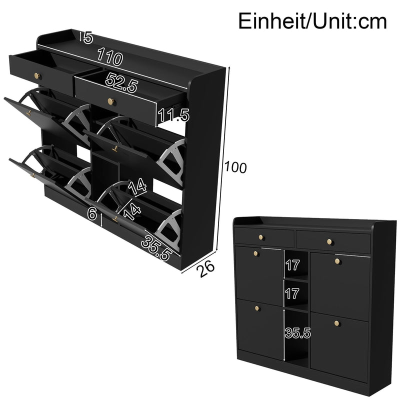 Schuhschrank mit 4 Klapptüren, 2 Schubladen und 3 offenen Fächern - YB - WF253010011S - 9 - Yorbay.de