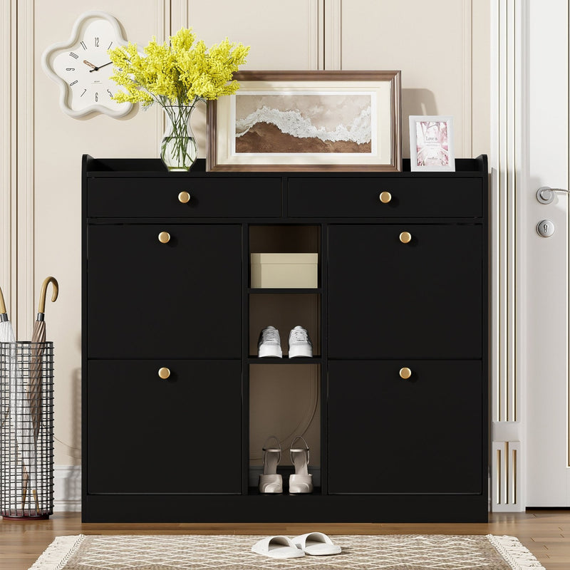 Schuhschrank mit 4 Klapptüren, 2 Schubladen und 3 offenen Fächern - YB - WF253010011S - 12 - Yorbay.de