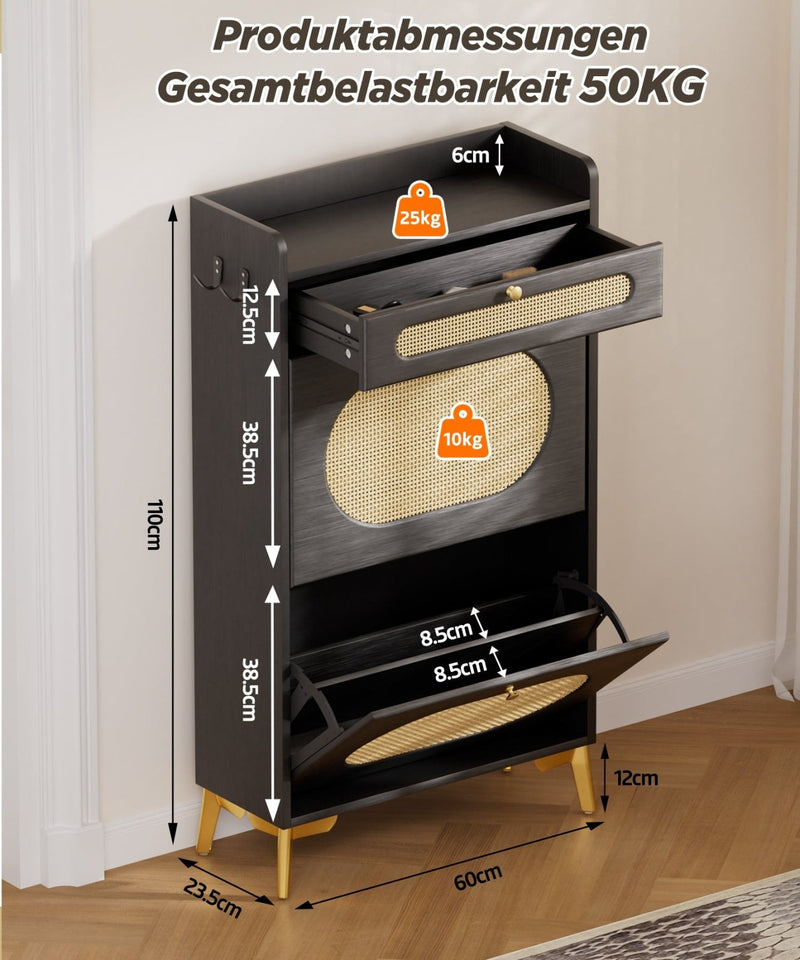 Yorbay Schuhschrank mit 2 Klappfächern & Schublade, 110,5 × 60 × 24 cm - YW002-D080 - 14 - Yorbay.de
