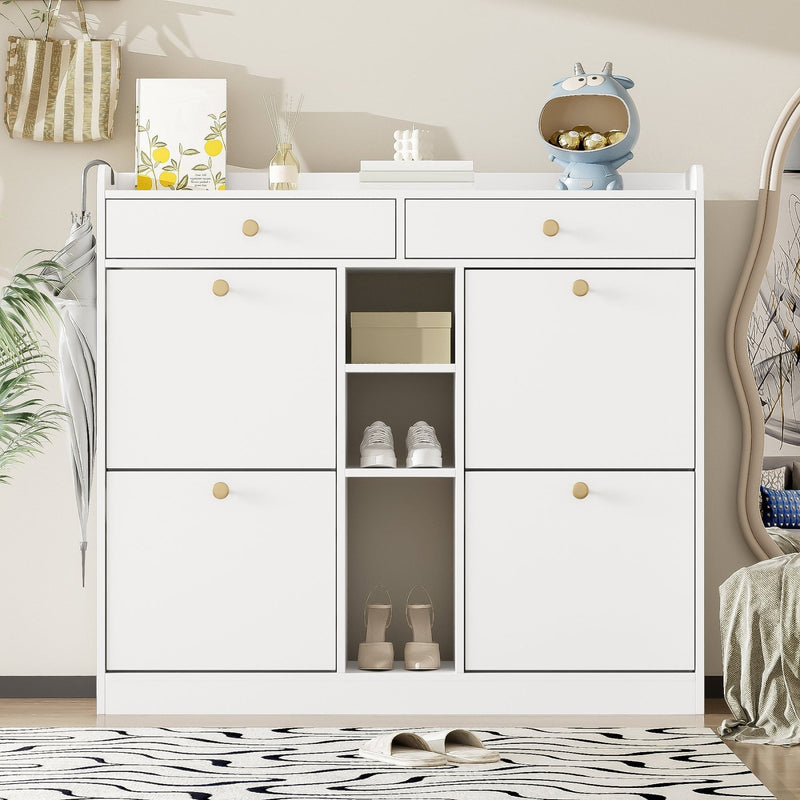 Schuhschrank mit 4 Klapptüren, 2 Schubladen und 3 offenen Fächern - YB - WF253010011W - 5 - Yorbay.de