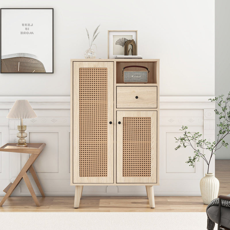 Sideboard in Holzoptik mit Rattantüren und Schublade, 60x40x101 cm - YB - WF316160OAA - 8 - Yorbay.de