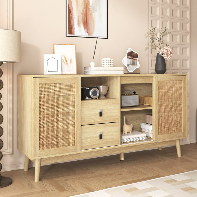 Sideboard mit Rattan - Schiebetüren und 2 Schubladen, 155 x 38 x 80 cm - YB - WF221073074O - 2 - Yorbay.de