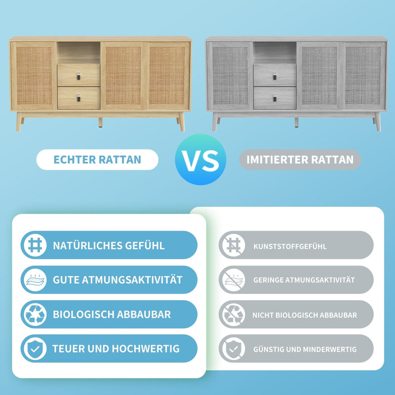 Sideboard mit Rattan - Schiebetüren und 2 Schubladen, 155 x 38 x 80 cm - YB - WF221073074O - 4 - Yorbay.de