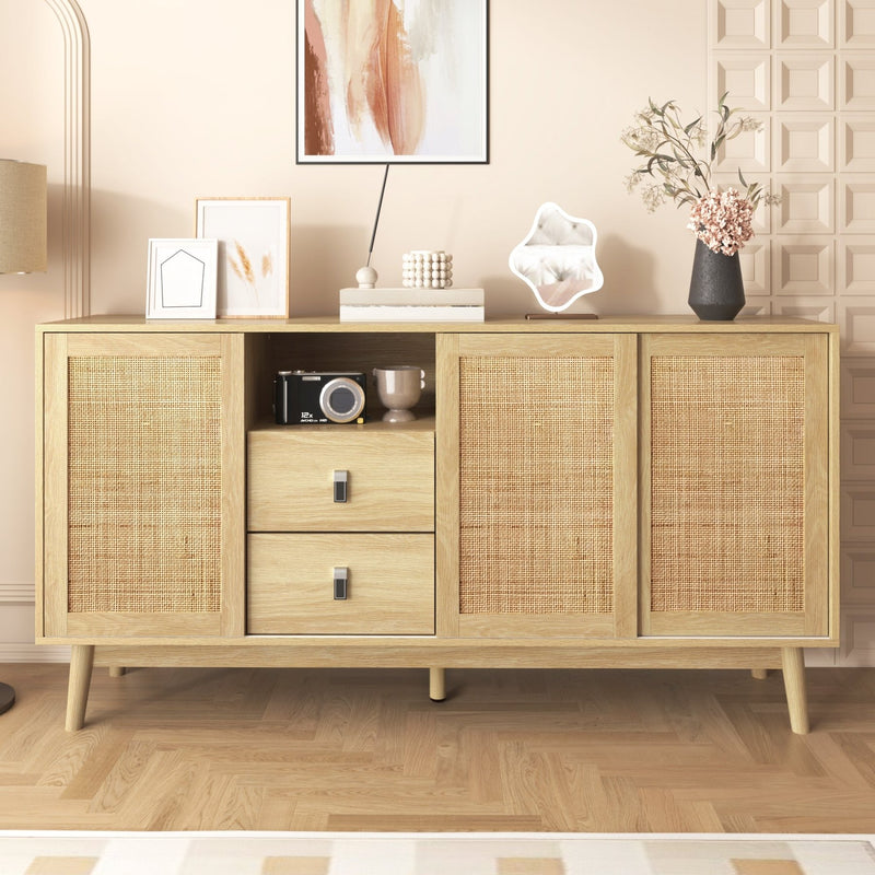 Sideboard mit Rattan - Schiebetüren und 2 Schubladen, 155 x 38 x 80 cm - YB - WF221073074O - 5 - Yorbay.de