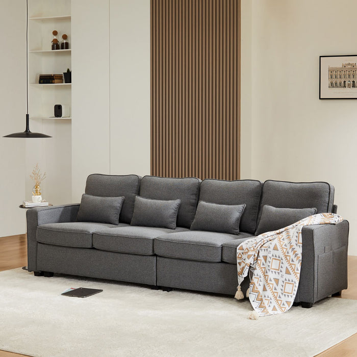 4-Sitzer-Sofa aus Leinenstoff mit Armlehnentaschen und 4 Kissen